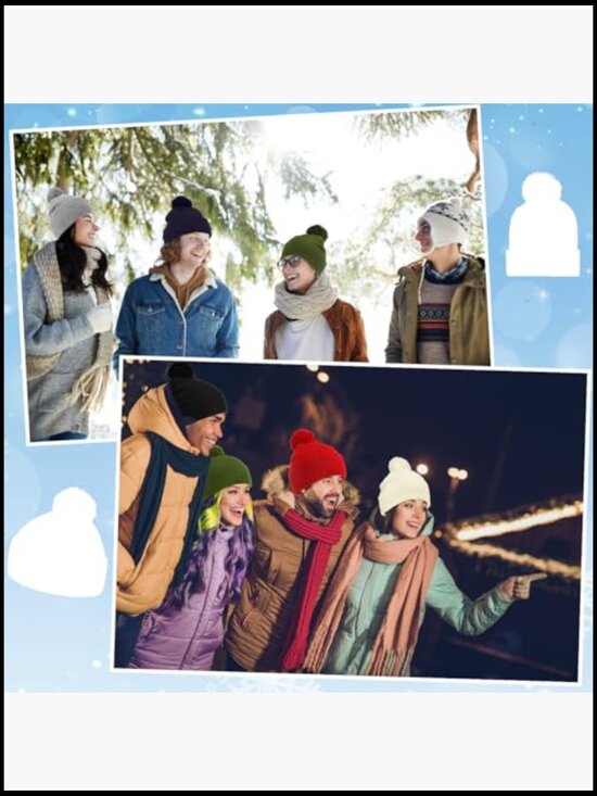 6 Pack Winter Knitted Beanies with Faux Fur Pom - Soft Acrylic Stretch Fit for main image 7